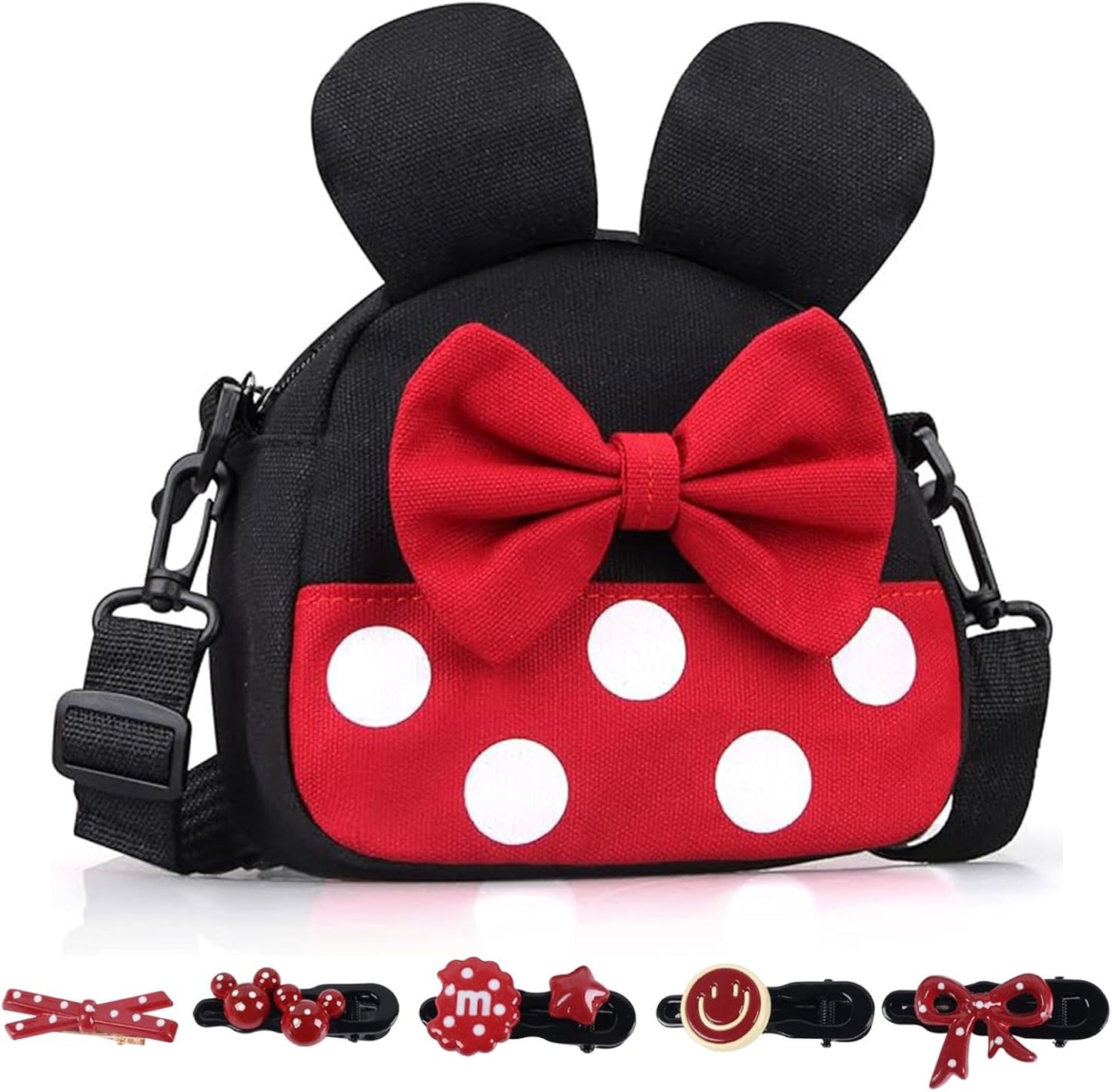 Cute Girl's Shoulder Bag with Bow and Mouse Ears, Mini Shoulder Bags, Cartoon Crossbody Bag for Children with 5 Hair Clips for Girls 2-8 Years