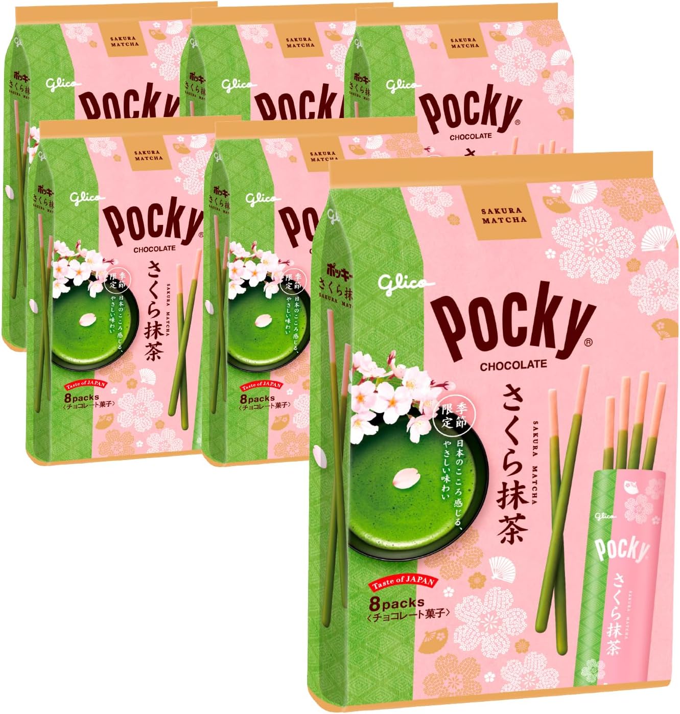 Ezaki Glico Pocky Sakura Matcha Green Tea, Pocky Sakura Matcha Chocolate Glico, 8 Bags x 6 Packs