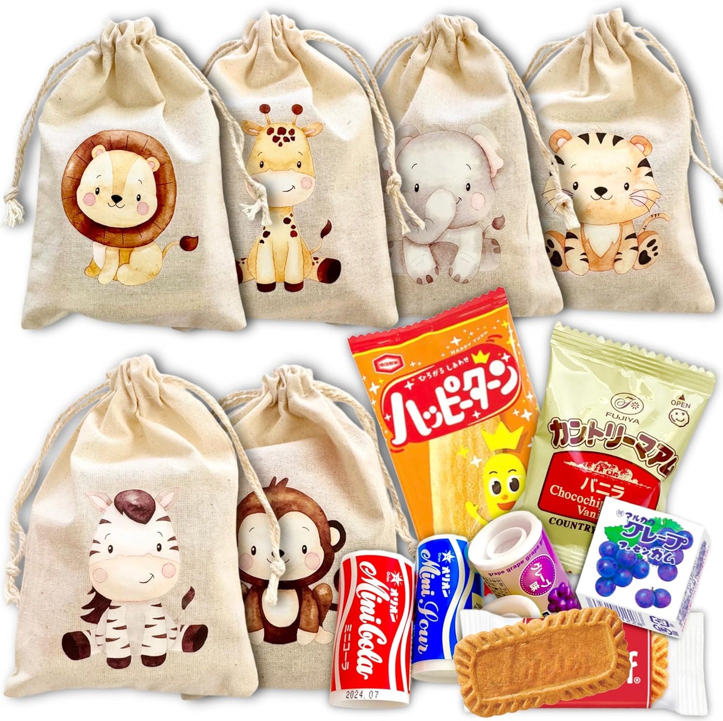 Set of 6 Animal Drawstring Bag, Assorted Sweets, Happy Turn, Country Maam, Orion Ramune, Fussenggum, Lotus Biskov, Children's Party, Event, Visitor Present, Prize, Novelty, Company, Enterprise,