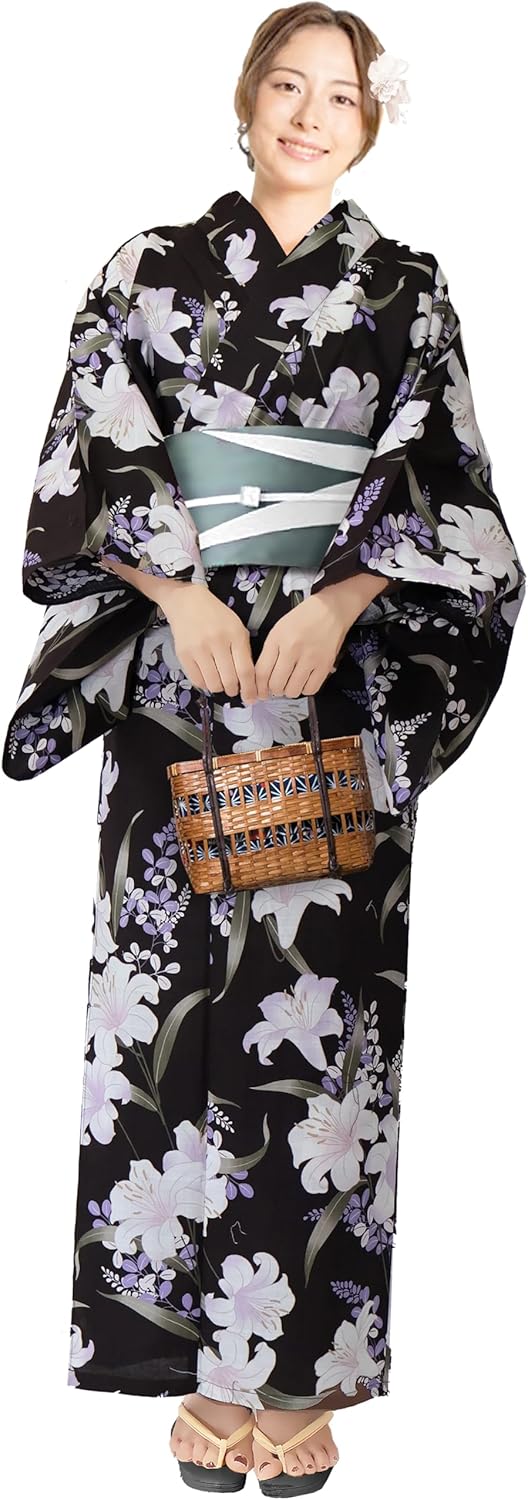 Aletta domani Women's Yukata 2-Piece Set, Yukata Belt Set, Half Width Belt, Reversible, 100% Cotton, Classic Pattern, Fireworks Festival