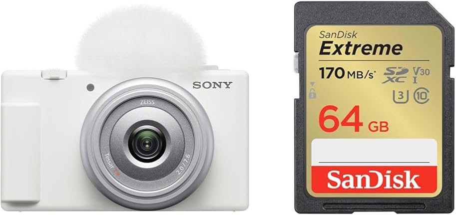 Sony Vlog Camera VLOGCAM Digital Camera ZV-1F Windscreen Included, Monofocal Lens, White, ZV-1F W + SanDisk SD Card, 64GB SDXC, Class 10, UHS-I U3, V30Extreme SDSDXV2-064G-GHJIN New Package