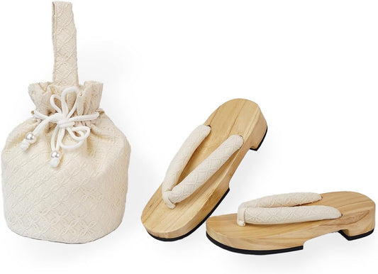 Amemari Shiraki Clogs, Drawstring Bag Set, 2-Piece Set, Women's, White Wood, Yukata Clothing, Hakama Clothing, Setup, Yukata, Painless, Ultra Soft Nose, Yukata Bag, Embroidery, Lace, Japanese, Western