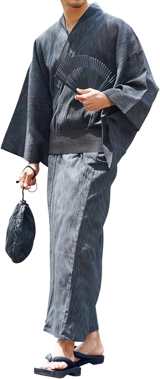 Roshell Men's Yukata, 6-piece Set (Yukata, Obi Sash, Geta Sandals, Cloth Bag, Fan, Waist Band), Quick Detach Obi, Easy to Wear, Summer Clothing, Festivals, Fireworks, Cool, Simple, Solid Color,