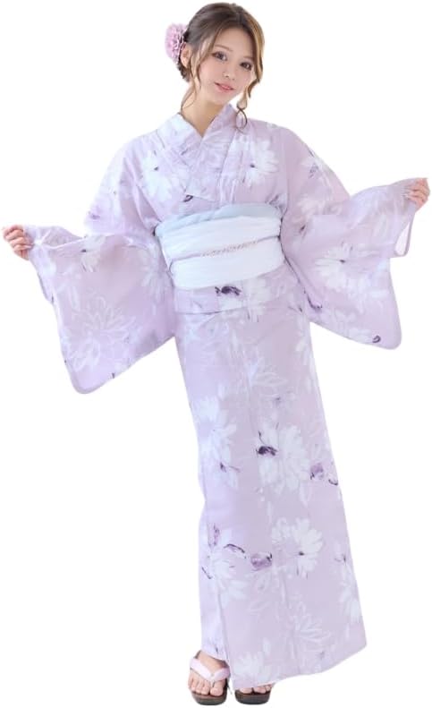 RiraMacherie Women's Yukata, 4-piece Set, Pink, Purple, Light Blue, Floral Pattern, Waistband, White, Purple, Gray