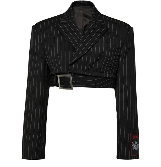 JEAN PAUL GAULTIER ピンストライプ ウール製 クロップド テーラードジャケット、ジップオフベルト付き - Image 1