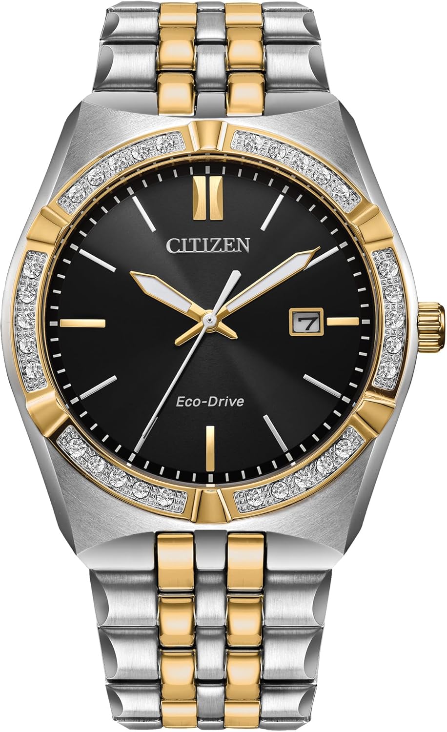 Citizen Men's Eco-Drive Corso Diamond Bezel Watch Two Tone Stainless Steel Bracelet Watch 3 Hand Date, Two-tone/Black, Classic