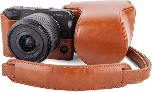 MUZIRI KINOKOO Case for Canon EOS R50 V Camera PU Leather Protective Cover for EOS R50 V/R50V Digital Camera with RF-S14-30mm Lens Detachable Carrying Case with Adjustable Shoulder Strap, Braun