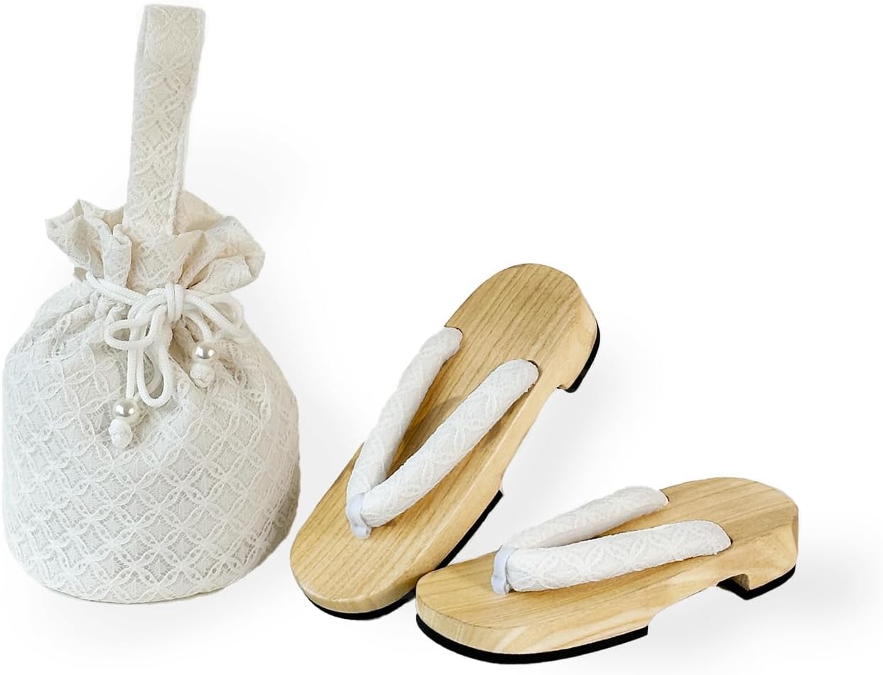 Amemari Shiraki Clogs, Drawstring Bag Set, 2-Piece Set, Women's, White Wood, Yukata Clothing, Hakama Clothing, Setup, Yukata, Painless, Ultra Soft Nose, Yukata Bag, Embroidery, Lace, Japanese, Western