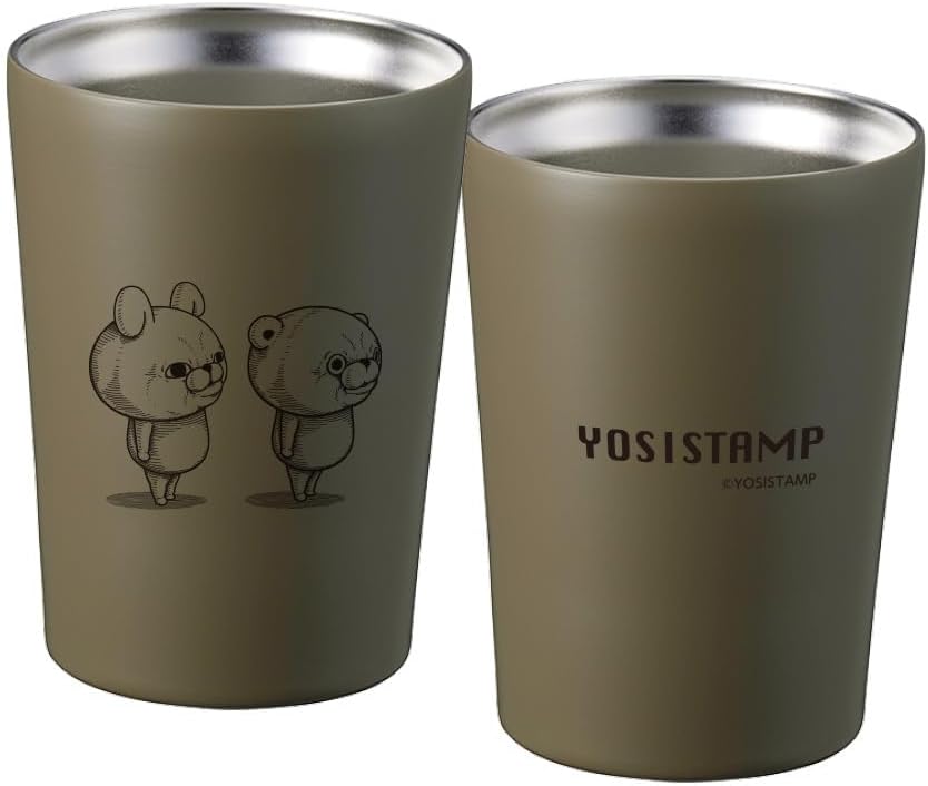 Yoshi Stamp Thermos Tumbler, Rabbit & Bear, Heat Retention, Cold Retention, Stainless Steel (Khaki)