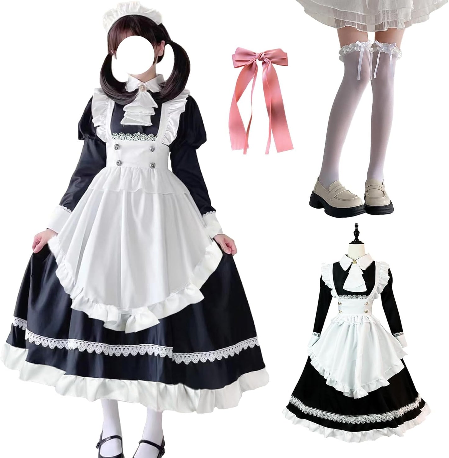 Maid Clothes, Long Length, Cosplay, Costume, Full Set with Tights, British Style, Cute, Costume, Women's, Moe, Dress, Apron, Headband, Cosplay, Cross-dressing, Unisex, Maid Cafe, Halloween