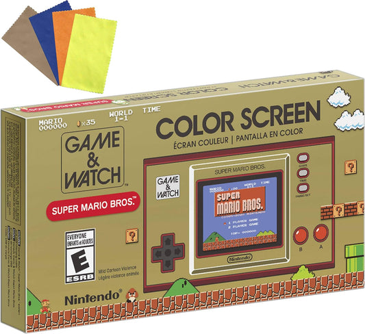 Nintendo Games & Watch: Super Mario Bros - 2.36" Full Color LCD Screen - Christmas Holiday Bundle for Game Watch Super Mario 35th Anniversary - USB-C Cable - iP☘ 4 Color Glasses Cleaning Cloth
