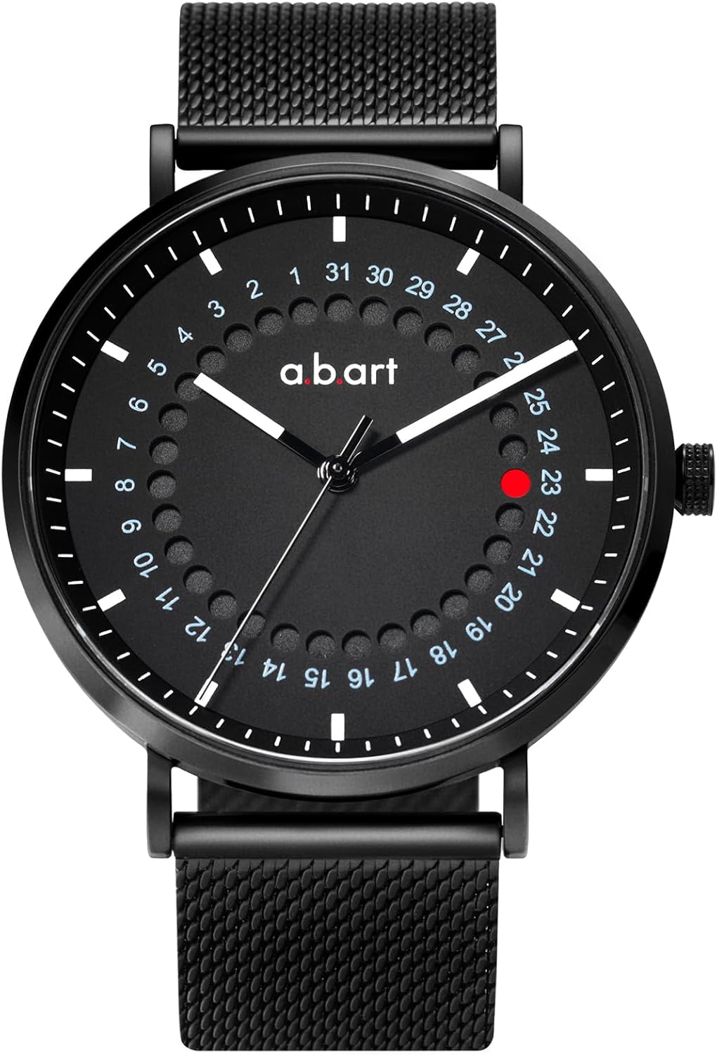 a.b.art Men's Swiss Parts Movement Sapphire Glass Black Dial Stainless Steel Mesh Strap Thin Waterproof Analog 41mm Minimalist Bauhaus Design Watch