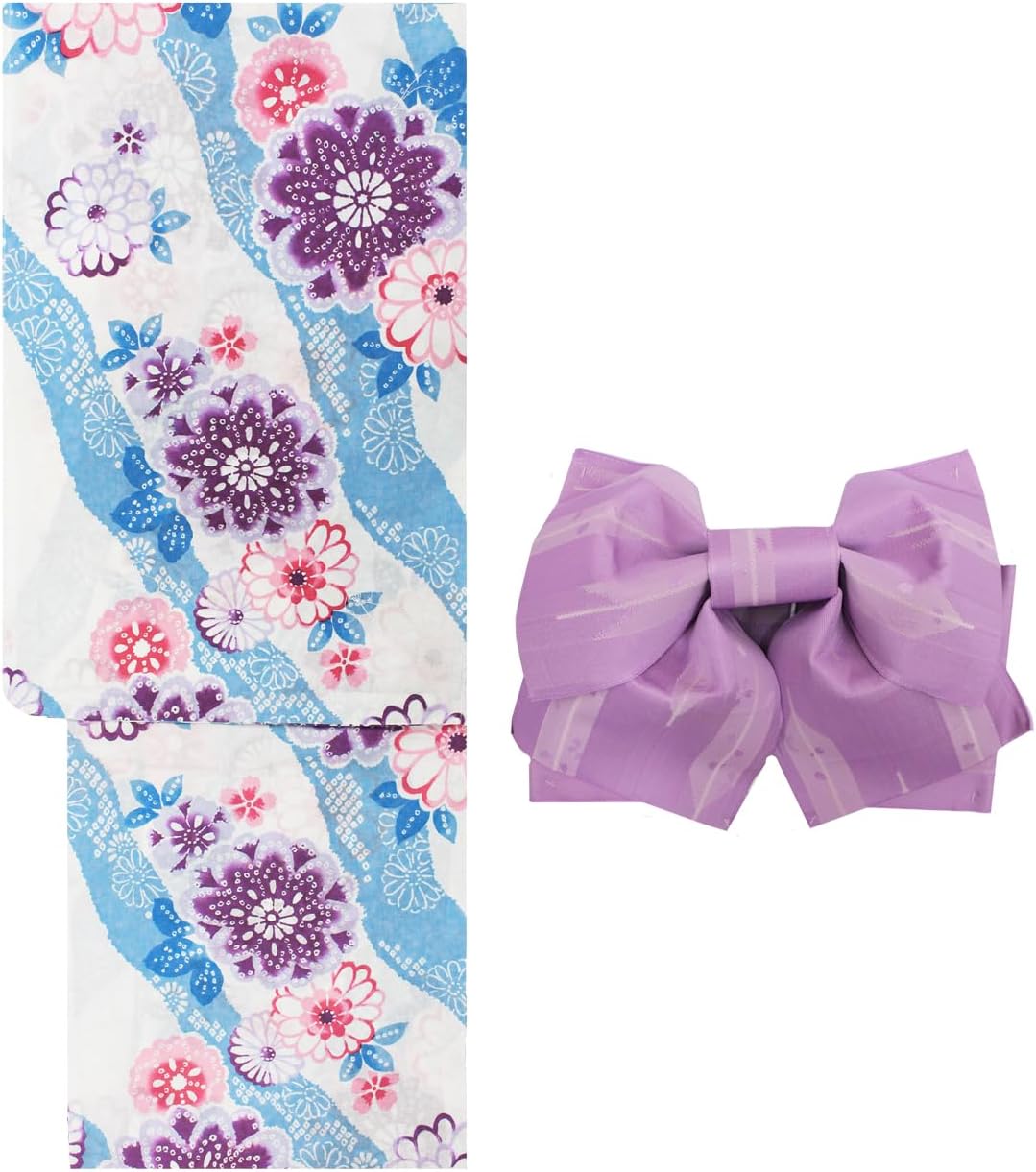 Kimono Japanese Net Shop Nset1377,set0700 Women's Adult Yukata 2-Piece Set (Yukata + Obi) F Size Women's Yukata Black White Red Green Festival Fireworks