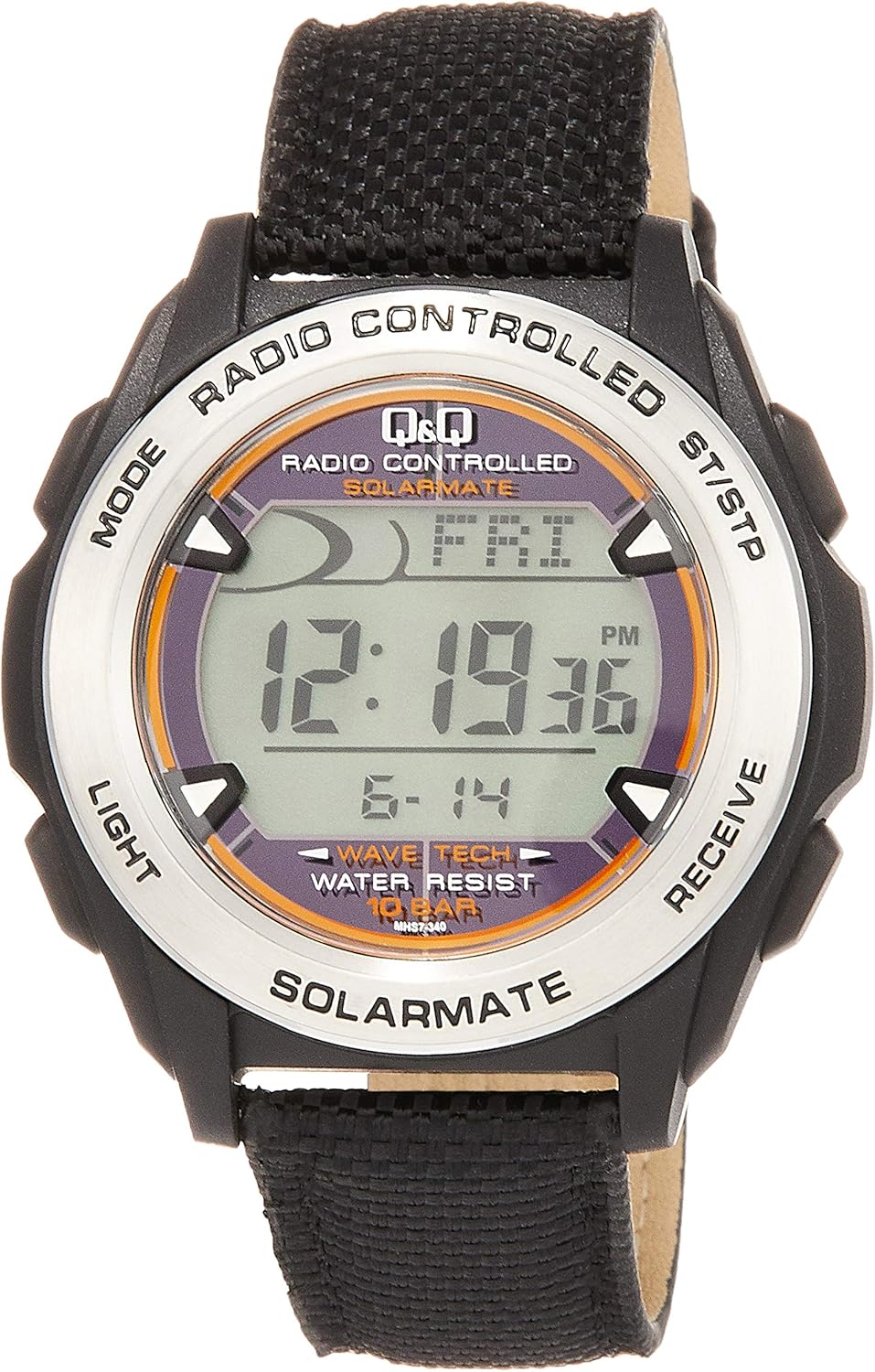 Citizen Q&Q MHS7-340 Men's Digital Wristwatch, Radio Control, Solar, Waterproof, Date Leather Strap, Black