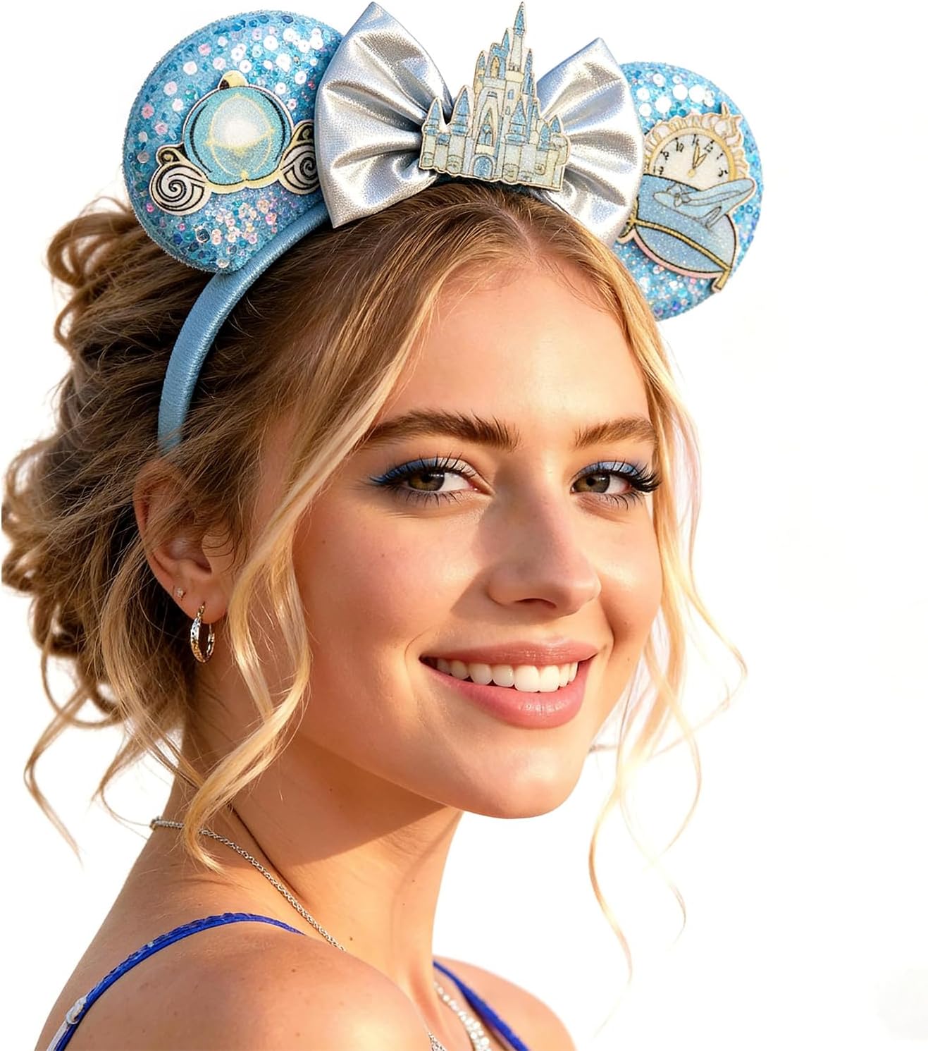 Diadema azul de moda para mujer, diadema de orejas de ratón de lentejuelas con lazos de castillo para cosplay, disfraces, decoración de fiesta, accesorios para el cabello