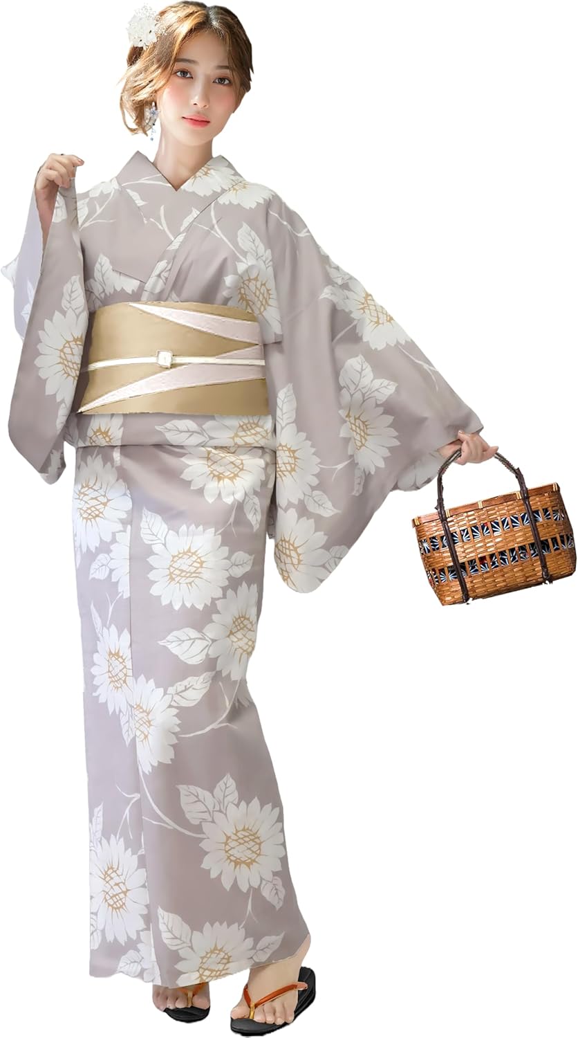 Aletta domani Women's Yukata 2-Piece Set, Yukata Belt Set, Half Width Belt, Reversible, 100% Cotton, Classic Pattern, Fireworks Festival