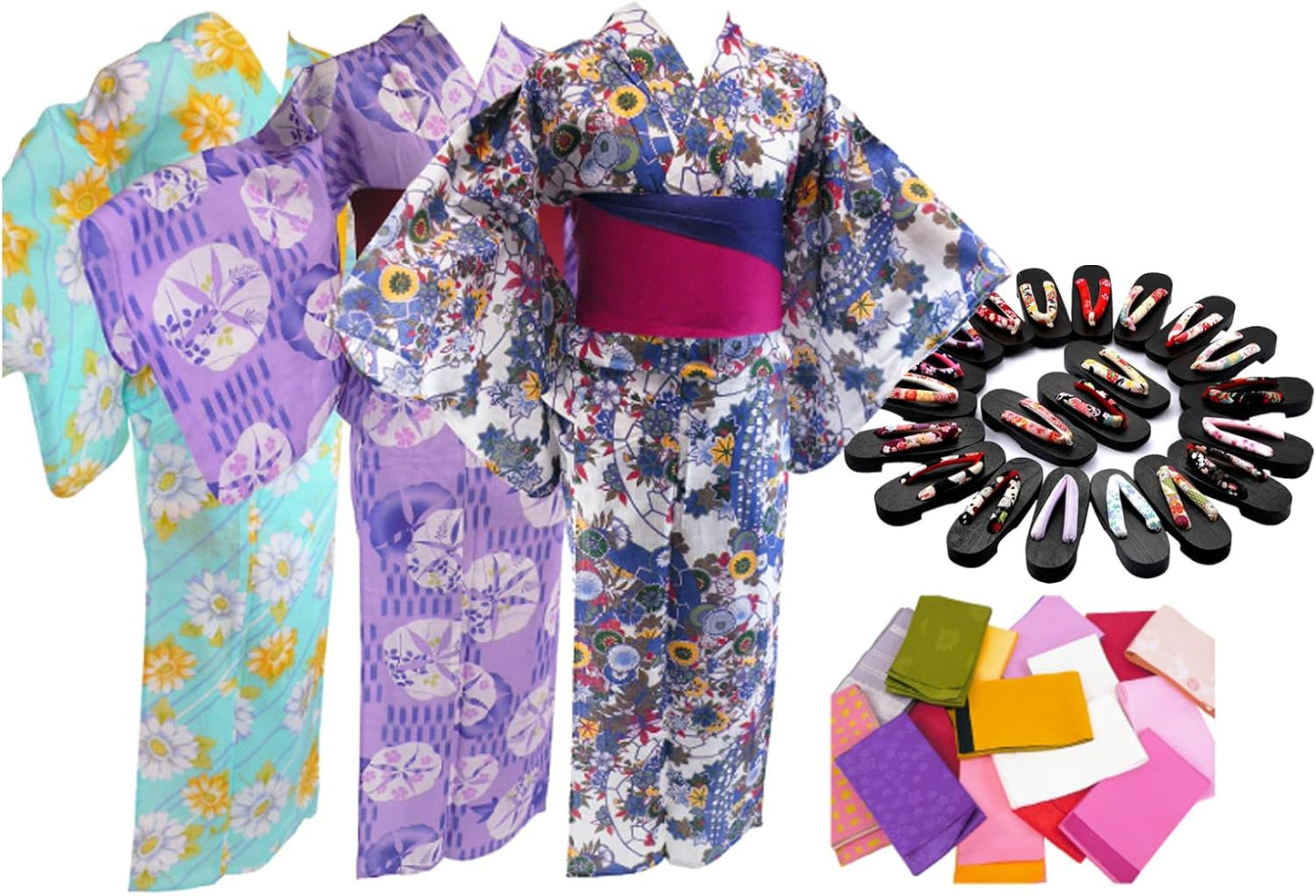Sarasa 3yk-117 3-Piece Set, Different Weaving, Yukata, Sash, and Geta Clogs