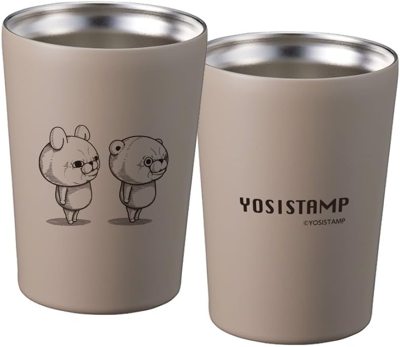 Yoshi Stamp Thermos Tumbler, Rabbit & Bear, Heat Retention, Cold Retention, Stainless Steel (Beige)