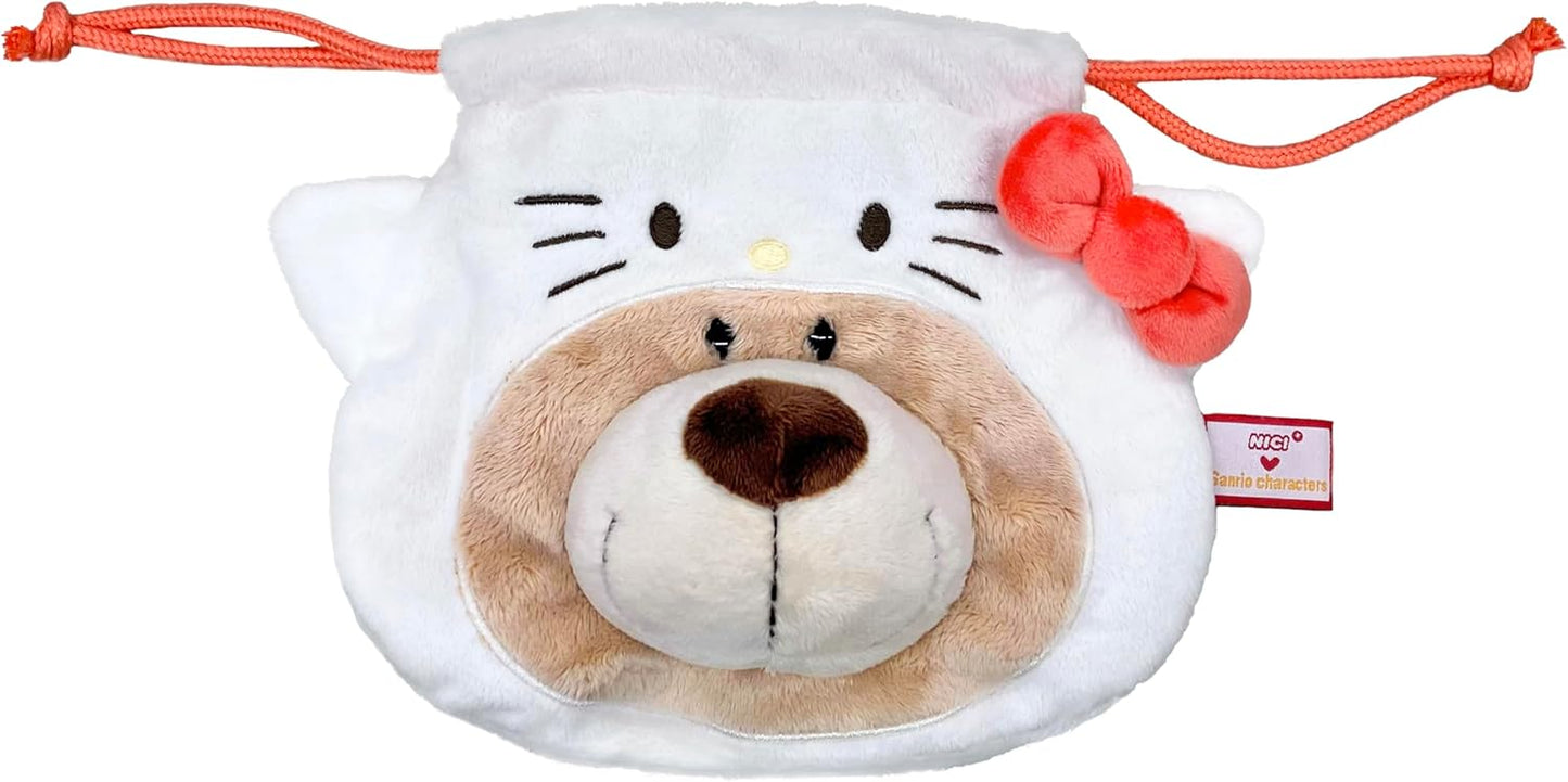 NICI x Sanrio Characters Figure Face Pouch, Love Bear Brown x Kitty