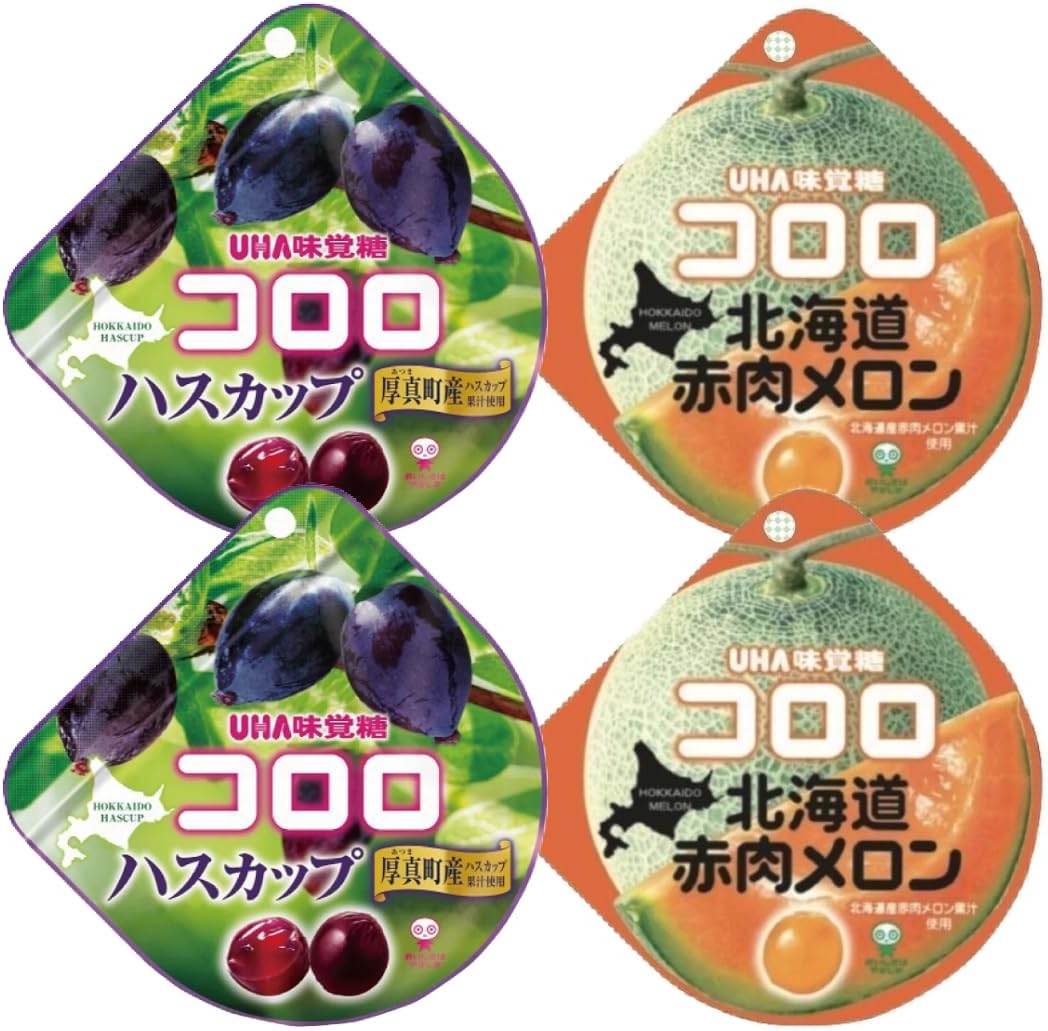 コロロ ハスカップ&北海道赤肉メロン 計4袋セット | 北海道限定 ハスカップ2袋・メロン2袋, 北海道産果汁使用, プチッとした食感, 期間限定, 濃厚ジューシー