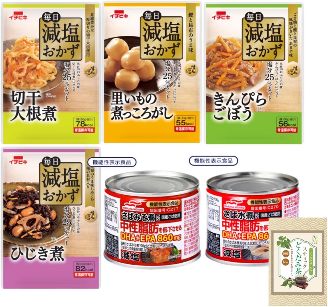 Reduced Salt Retort Side Dishes, Ichibiki, 4 Types in Total (Kimira Burdock, Boiled Radish, Simmer in Hijiki) + Maruha Nichiro, 2 Types of Reduced Salt (Mackerel, Boiled Mackerel, Miso) + 1 Stick