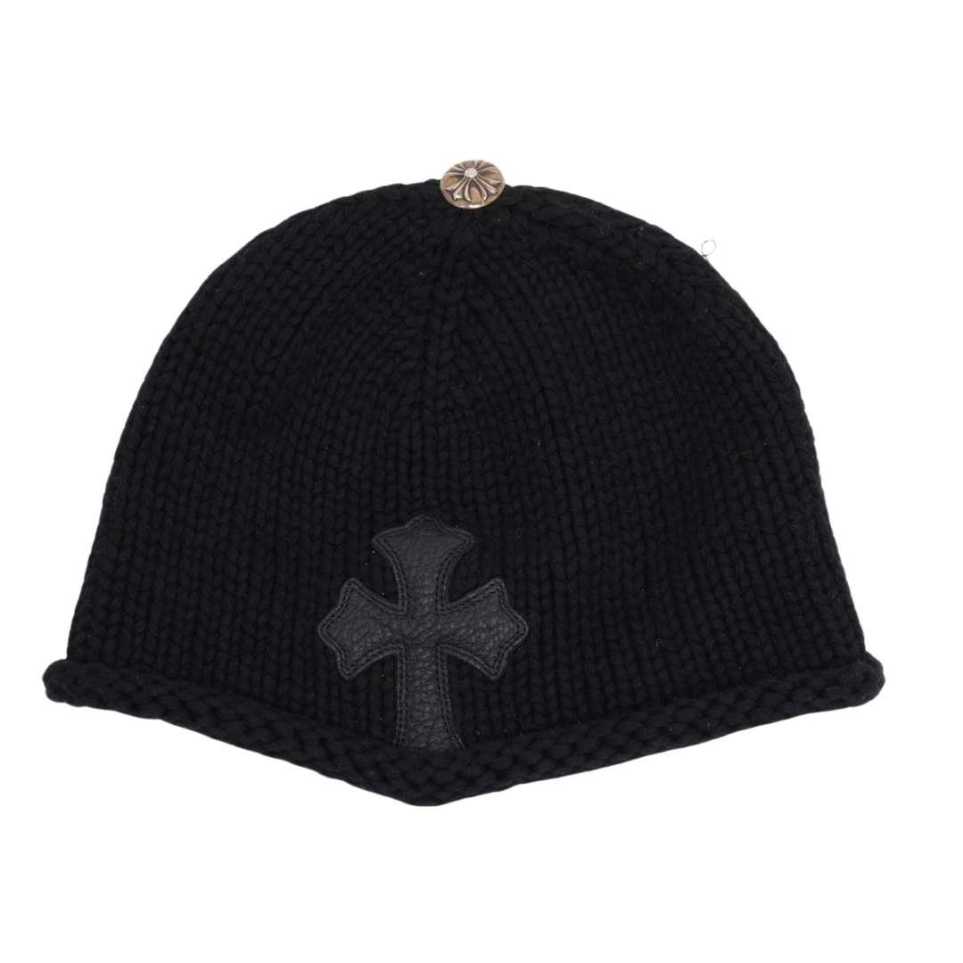 CHROME HEARTS 'BLACK' LEATHER CROSS PATCH KNIT BEANIE