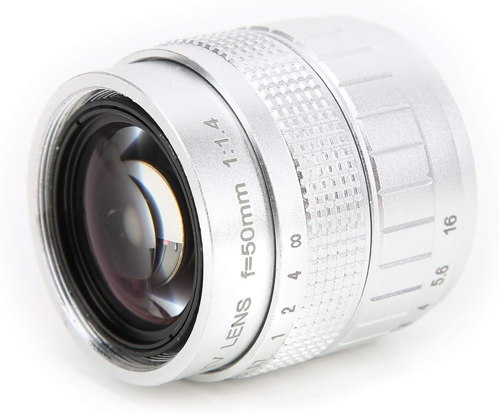 Mirrorless Camera Lens, 50mm F1.4 Manual Fixed Focus Lens Large Aperture C-Mount Lens with Adapter Ring for Olympus M4/3 for Canon Fuji Sony (Silver)