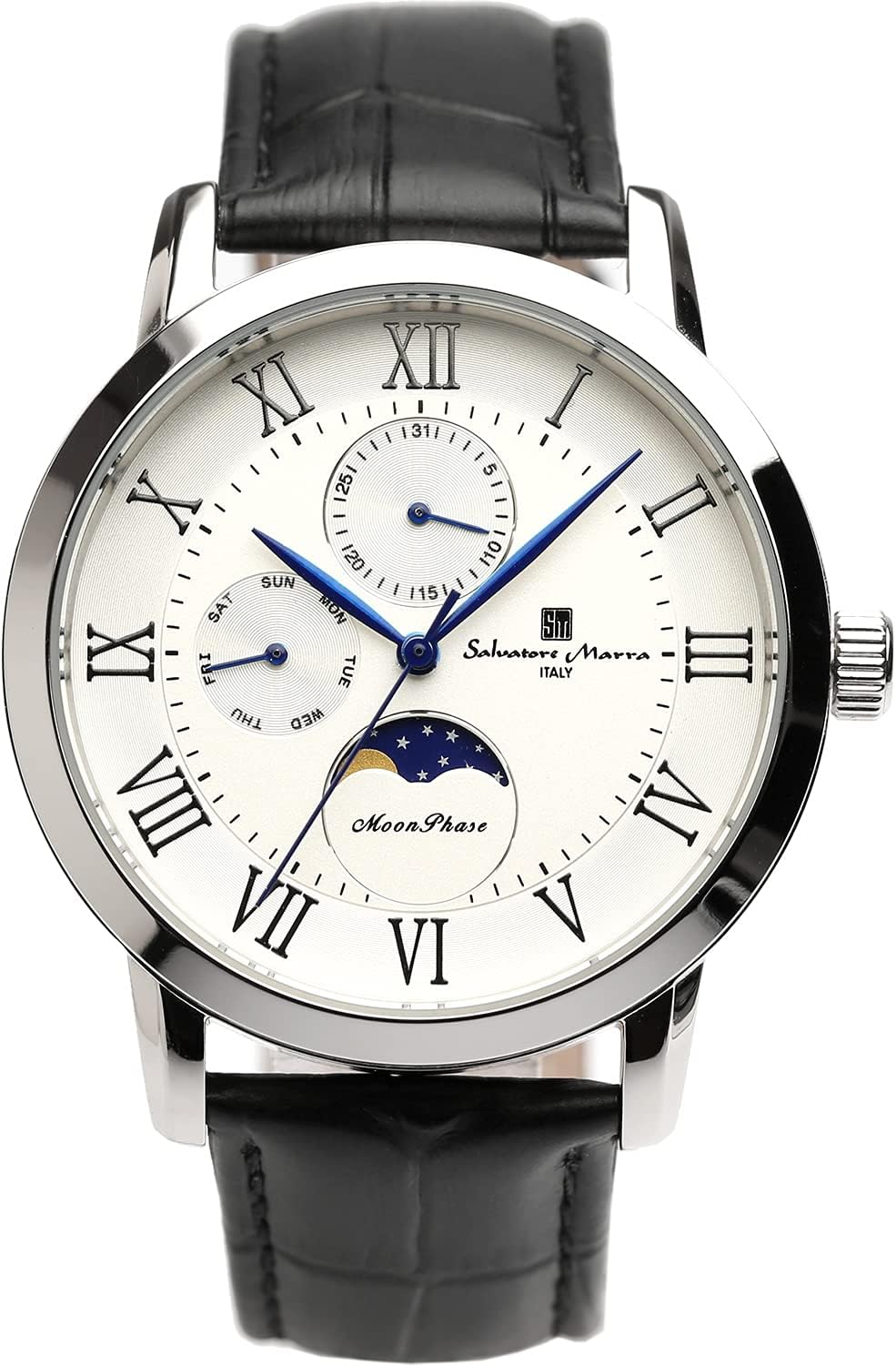 Salvatore Marra Men's Moonphase Multi-Calendar Watch, 5 ATM Waterproof, Business, Formal, Leather Strap, Exclusive Model, Silver, White, SM21106-SSWH
