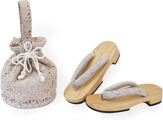Amemari Shiraki Clogs, Drawstring Bag Set, 2-Piece Set, Women's, White Wood, Yukata Clothing, Hakama Clothing, Setup, Yukata, Painless, Ultra Soft Nose, Yukata Bag, Embroidery, Lace, Japanese, Western