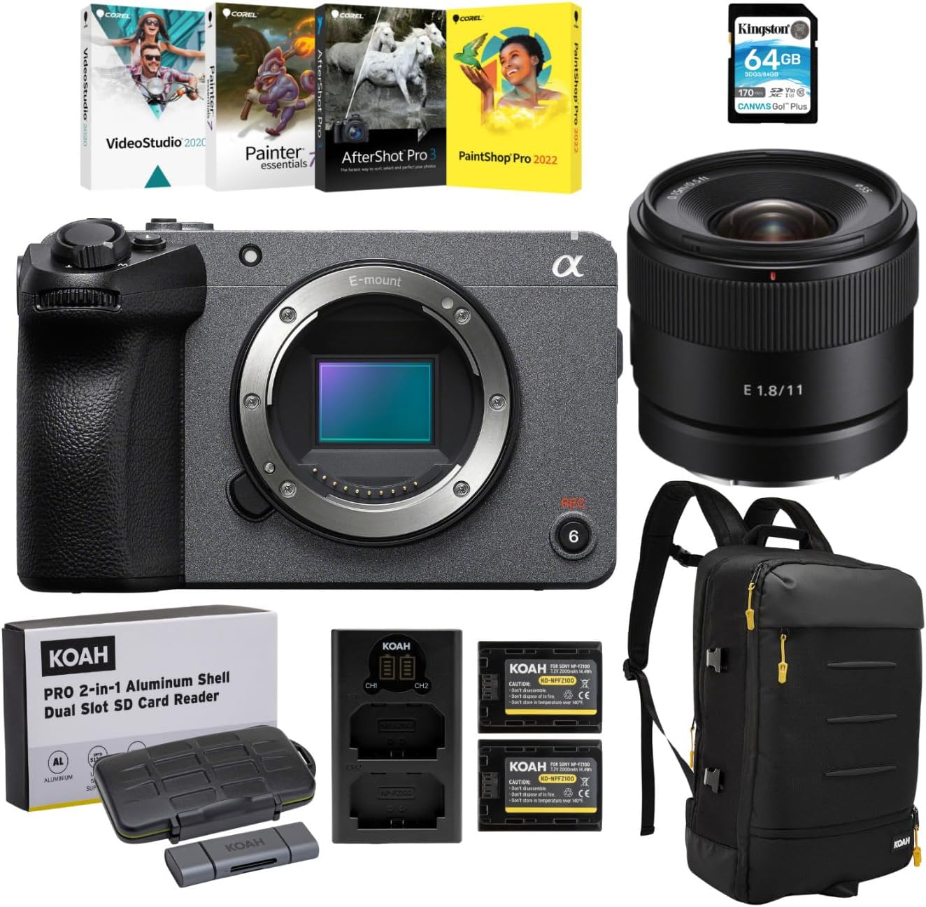 Sony Fx30 Cinema Line Super 35 カメラ 11mm F1.8 APS-C 超広角プライムレンズ コンテンツクリエイター用 64GB SDカード、アートスーツソフトウェア、カメラガジェットバッグ、アクセサリー(7アイテム)