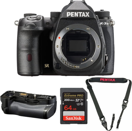Pentax K-3 Mark III DSLR Camera Body (Black) - Professional Photo Gear with Weather Sealing - Full Frame Sensor - 4K Video Recording Bundle with Strap, 64GB Memory Card and Grips (4 Items)