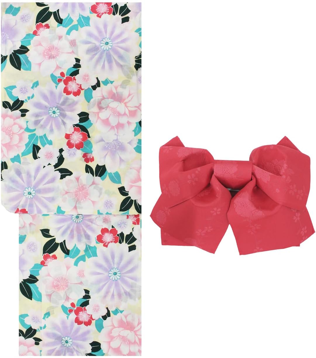 Kimono Japanese Net Shop Nset1377,set0700 Women's Adult Yukata 2-Piece Set (Yukata + Obi) F Size Women's Yukata Black White Red Green Festival Fireworks