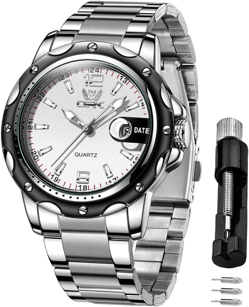 OPK Men's Watch Quartz Date Waterproof Luminous Fashion Stylish Easy-to-Read Classic Stainless Steel Business School Company Watch for Men, Bracelet Type