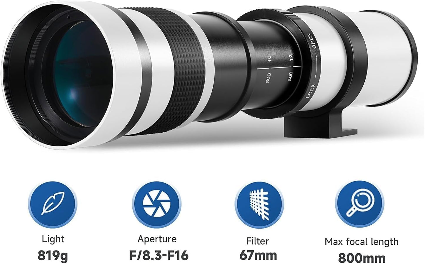 JINTU 420-1600mm Telephoto Zoom Lens for F/8.3-F16 80D, 70D, 77D, 60D, 60Da, 1Ds, Mark III and II 7D, 6D, 5D, 5DS Rebel T7i, T7s, T6s, T6i, T6, T5i, T5, T4i, T3, SL2 4000D 20000D d 1200 d 650d 550d