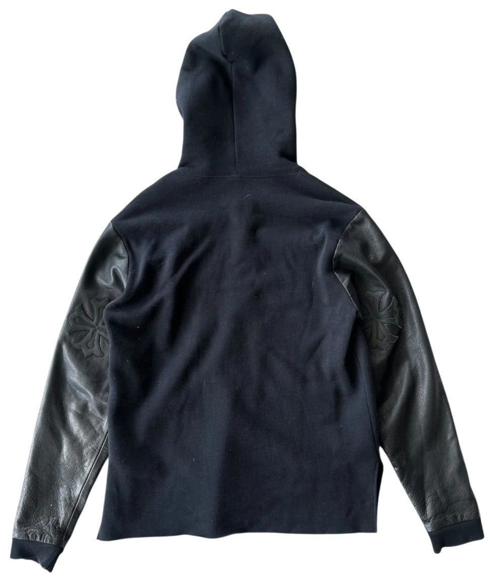 CHROME HEARTS 'TRIPLE CROSS' PATCH LEATHER SLEEVE ZIP UP HOODIE
