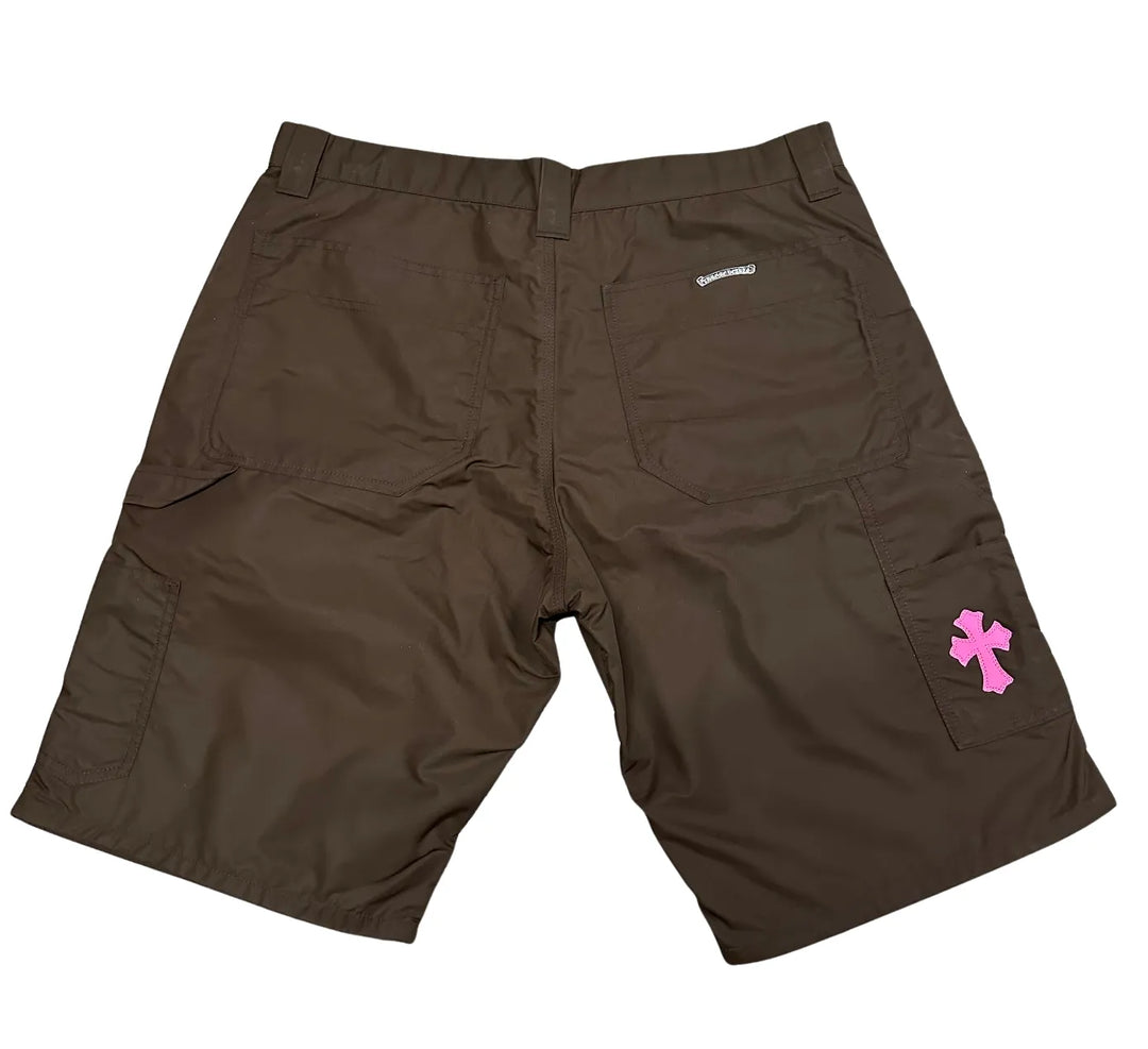 CHROME HEARTS 'BROWN' NYLON & LEATHER DOUBLE KNEE CARPENTER SHORTS