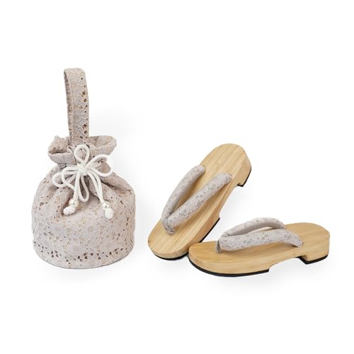 Amemari Shiraki Clogs, Drawstring Bag Set, 2-Piece Set, Women's, White Wood, Yukata Clothing, Hakama Clothing, Setup, Yukata, Painless, Ultra Soft Nose, Yukata Bag, Embroidery, Lace, Japanese, Western
