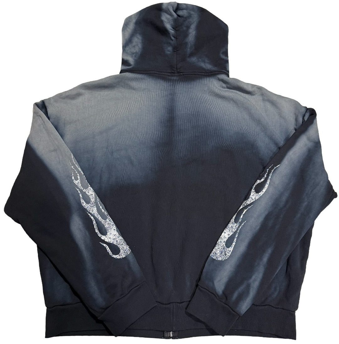 BOSSI 'FLAME' WASHED BLACK RHINESTONE ZIP-UP