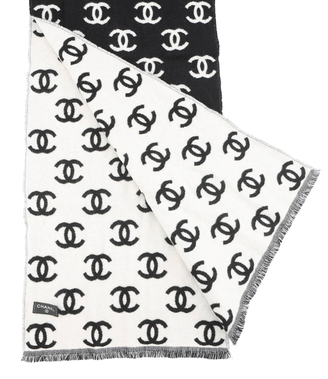 CHANEL CC LOGO BLACK/WHITE WOOL REVERSIBLE SCARF