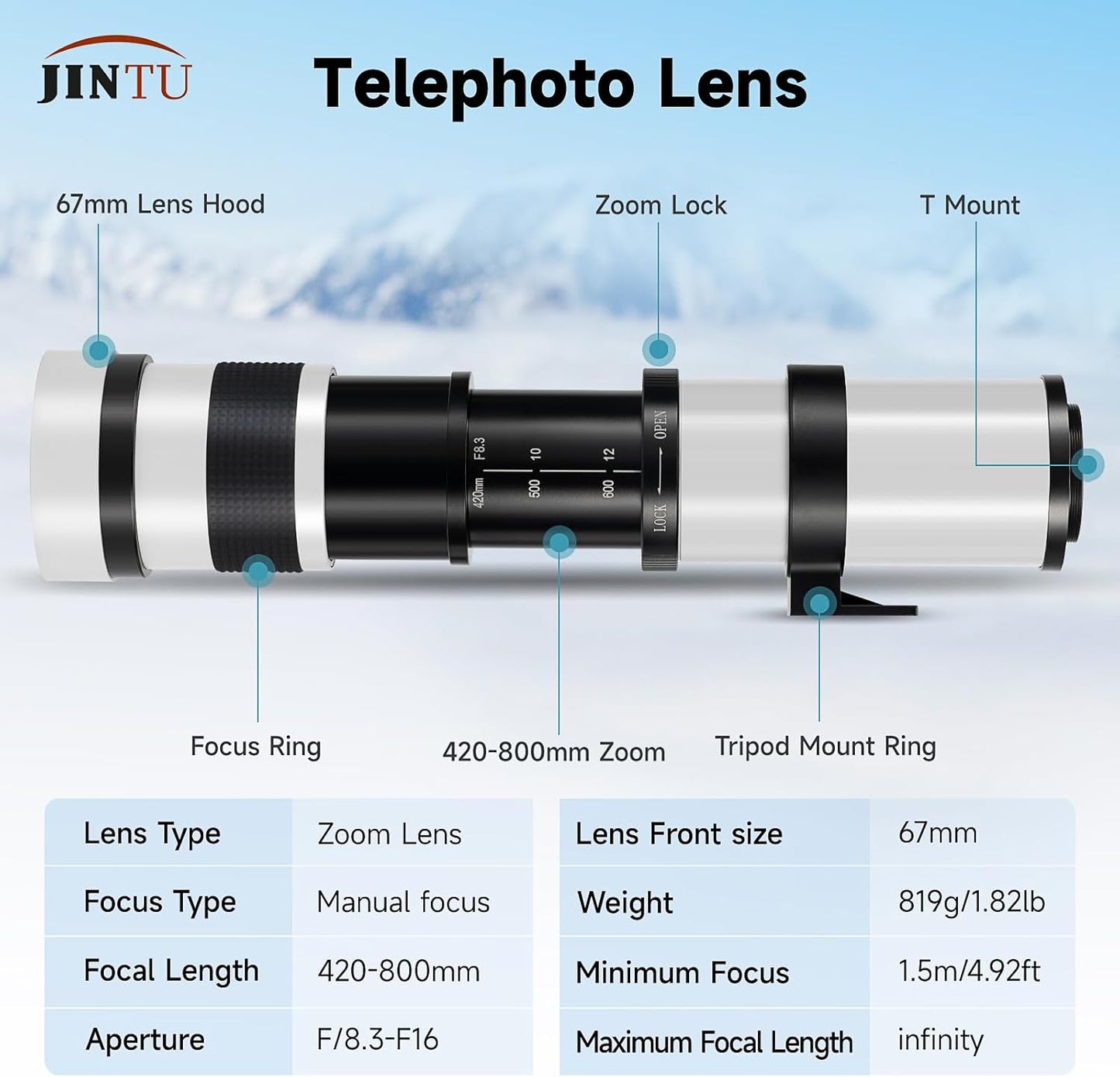 JINTU 420-1600mm f/8.3 HD Manual Telephoto Lens NEX E-mount a7r a7s a7 a6500 a6300 a6000 a5100 a5000 a3000 NEX-7 NEX-6 NEX-5T NEX-5N NEX-5R 3N Digital Mirrorless Camera White