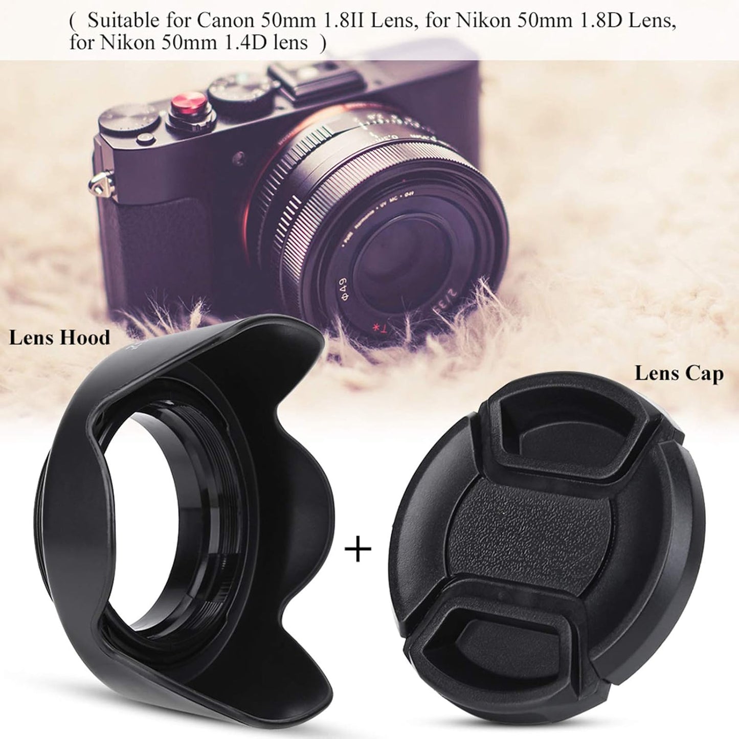 ES-62II Camera DSLR Lens Hood for Canon 50mm f/1.8 II with Lens Cap, for Nikon 50mm 1.8D Lens, Nikon 50mm 1.4D Lens