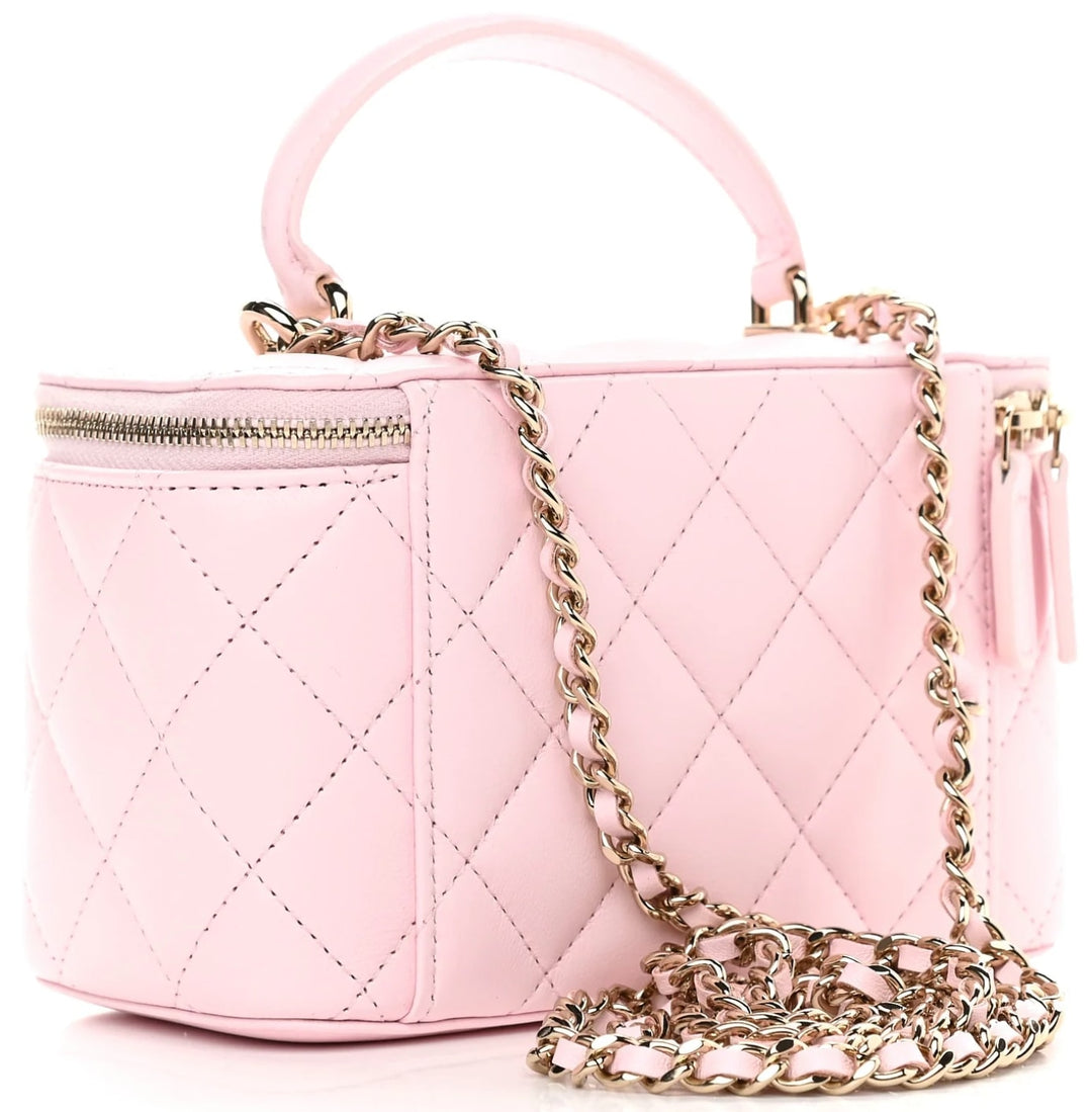 CHANEL 'LIGHT PINK' LAMBSKIN TOP HANDLE GOLD CHAIN VANITY CASE