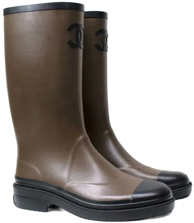 CHANEL 'KHAKI/BLACK' RUBBER RAIN BOOTS