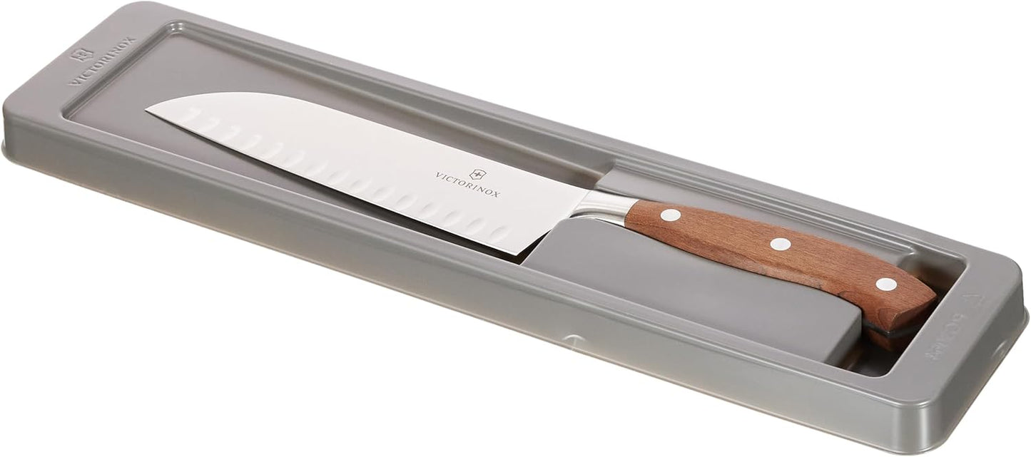 VICTORINOX Santoku Knife - A knife for various ingredients that form the basis of cooking, forged 6.7-inch (17 cm) with grooves, wood handle, featuring premium class substantial feel and sharp cutting