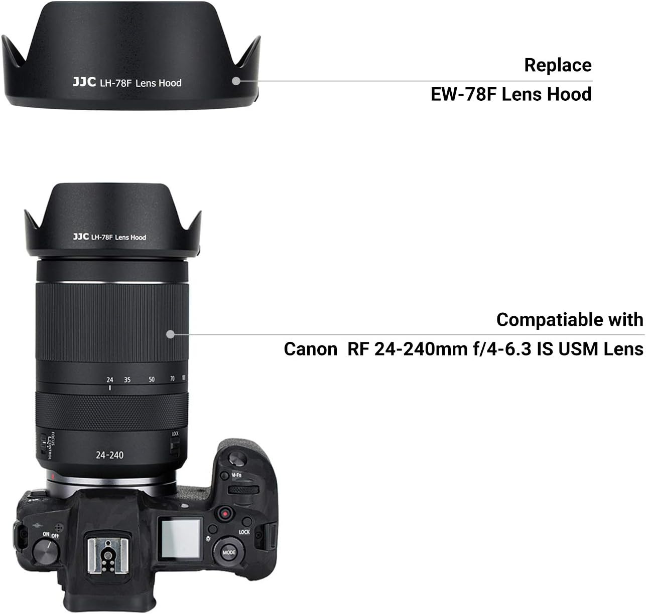 JJC Reversible Lens Hood for Canon EW-78F Compatible RF 24-240mm F4-6.3 IS USM Lens Compatible with Canon EOS R5 R6 RP R Ra