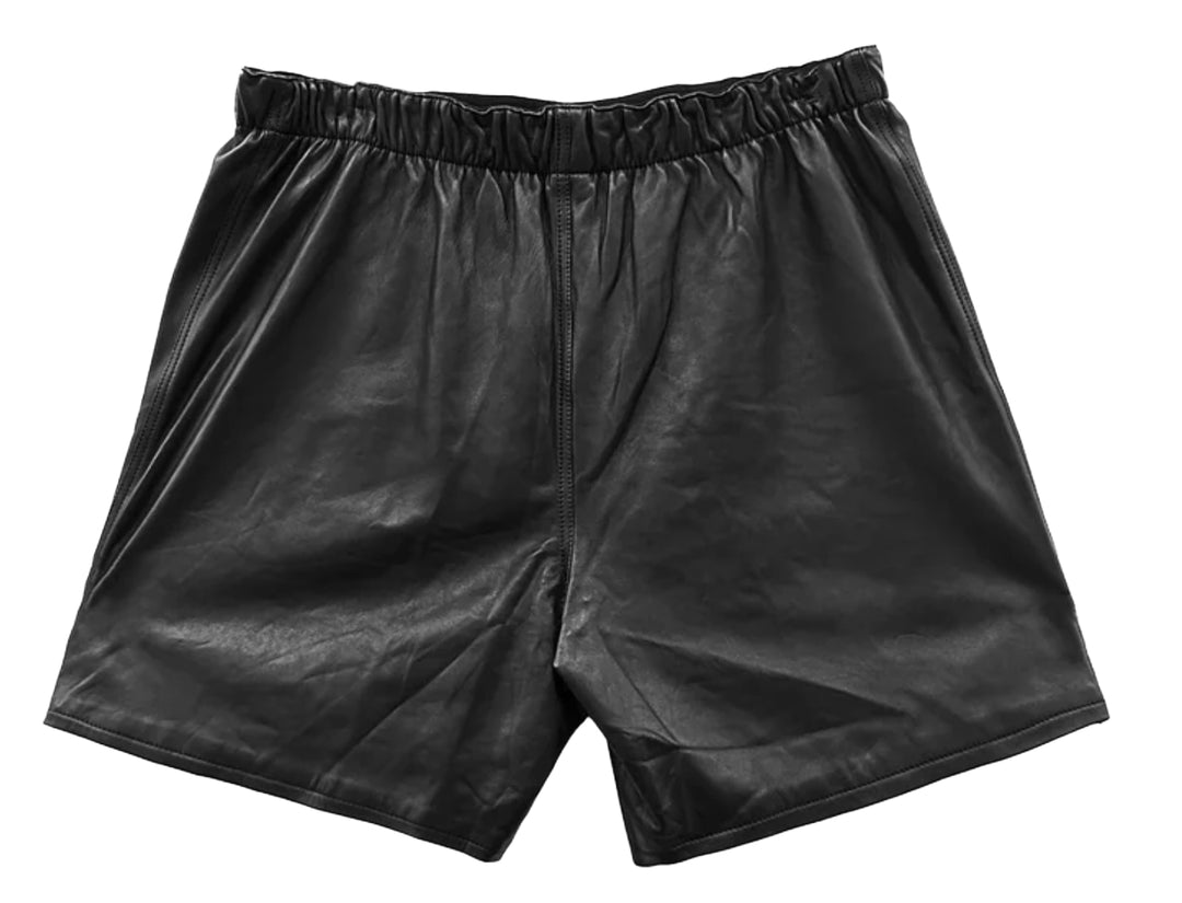 CHROME HEARTS 'BLACK LEATHER' SCROLL CROSS PATCH SHORTS