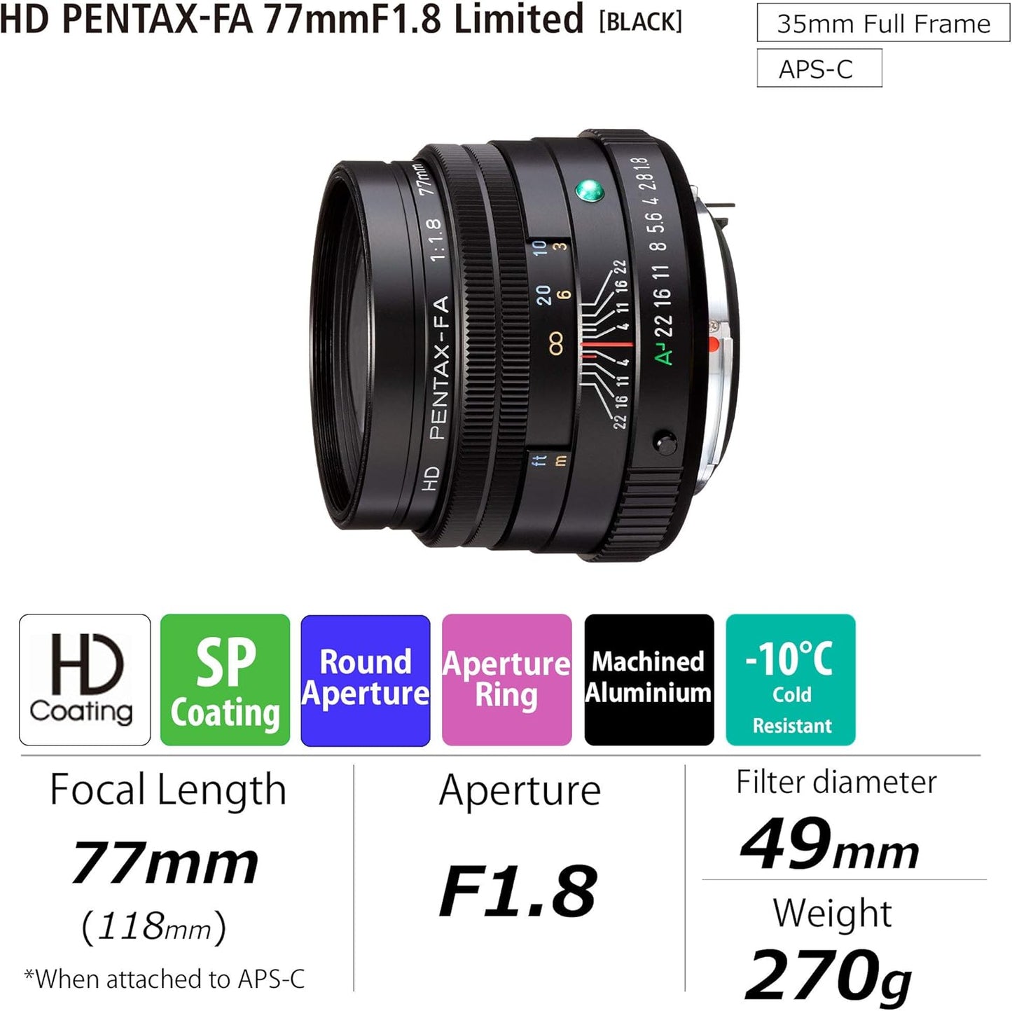 Pentax HD 77mmF1.8 Limited Black Limited Medium Telephoto Prime Lens with High Performance HD Coating Round Diaphragm (27880)