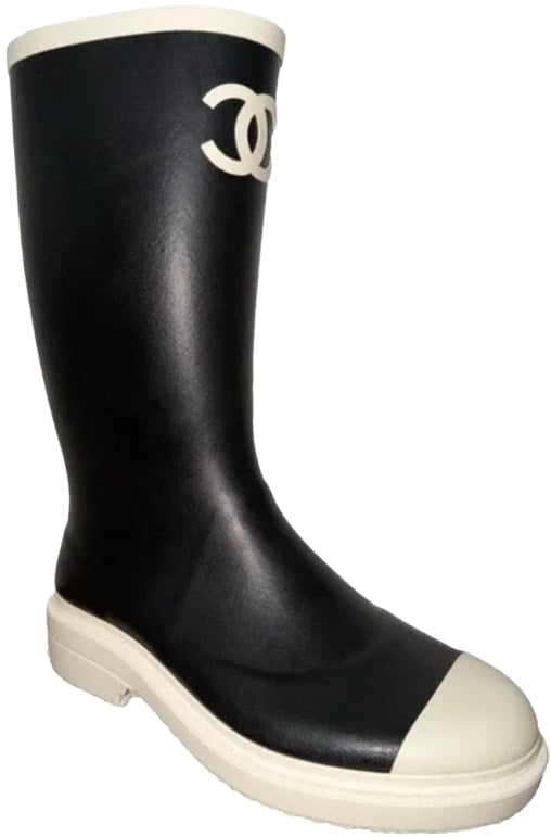CHANEL 'BLACK/WHITE' WOMEN'S RUBBER RAIN BOOTS