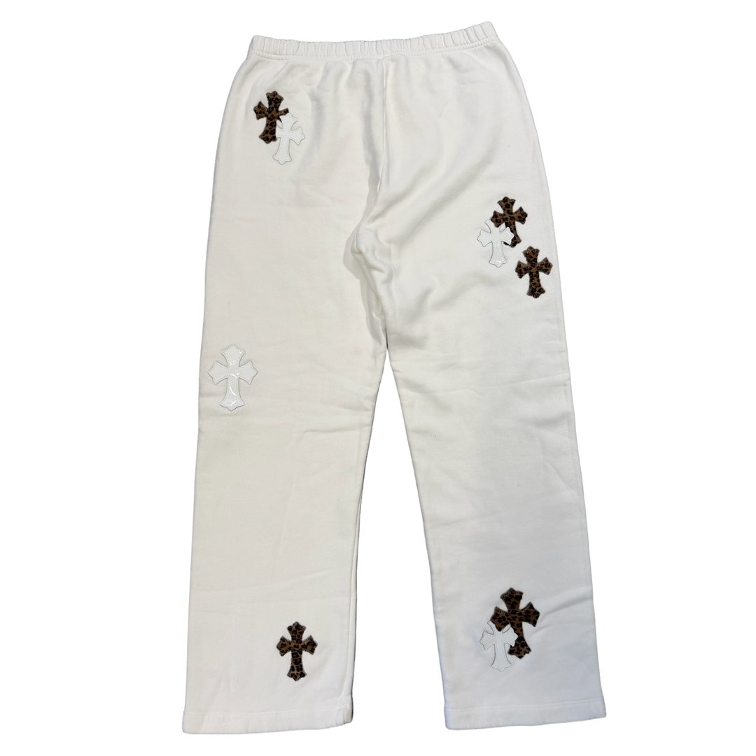 CHROME HEARTS 'CHEETAH AND WHITE LEATHER PATCHES' WHITE SWEATPANTS