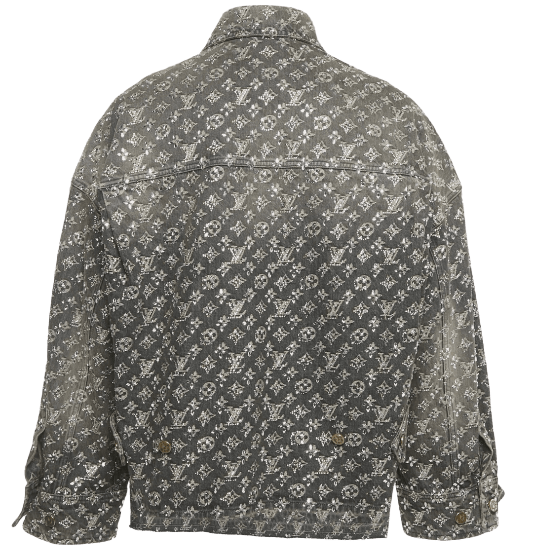 LOUIS VUITTON GREY RHINESTONE EMBELLISHED MONOGRAM RAW EDGE DENIM JACKET RUNWAY